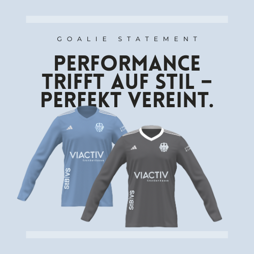 PERFORMANCE trifft auf STIL. Blaues und graues DHB Goalie Trikot auf blauem Hintergrund. 