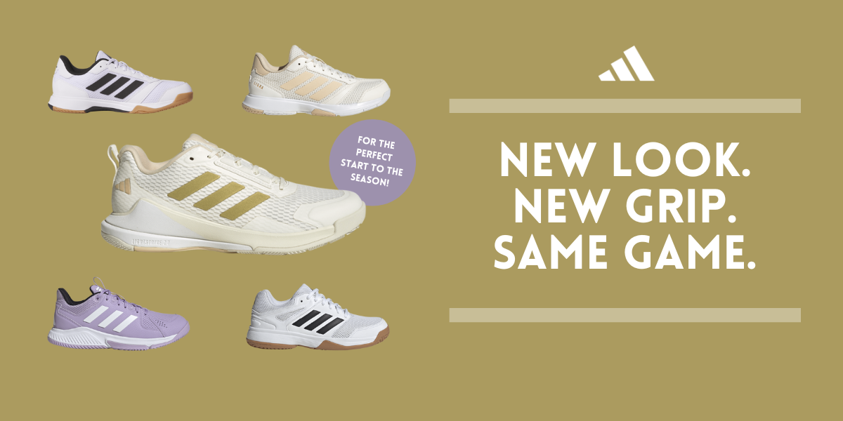 New Look. New Grip. Same Game. Adidas Indoor shoes. Shoes on gold background with Adidas Logo
