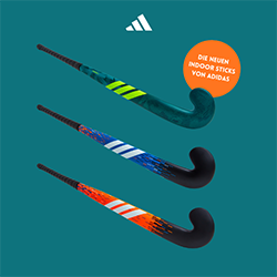 Graphic featuring the new adidas Indoor sticks on a colored background – headline with the adidas logo: Optimized balance. Maximum power. Perfect ball CONTROL.