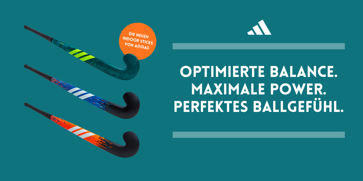 Grafische Abbildung mit den neuen adidas Indoor Sticks, rechts eine Headline mit adidas Logo - Optimierte Balance. Maximale Power. Perfektes Ballgefühl.