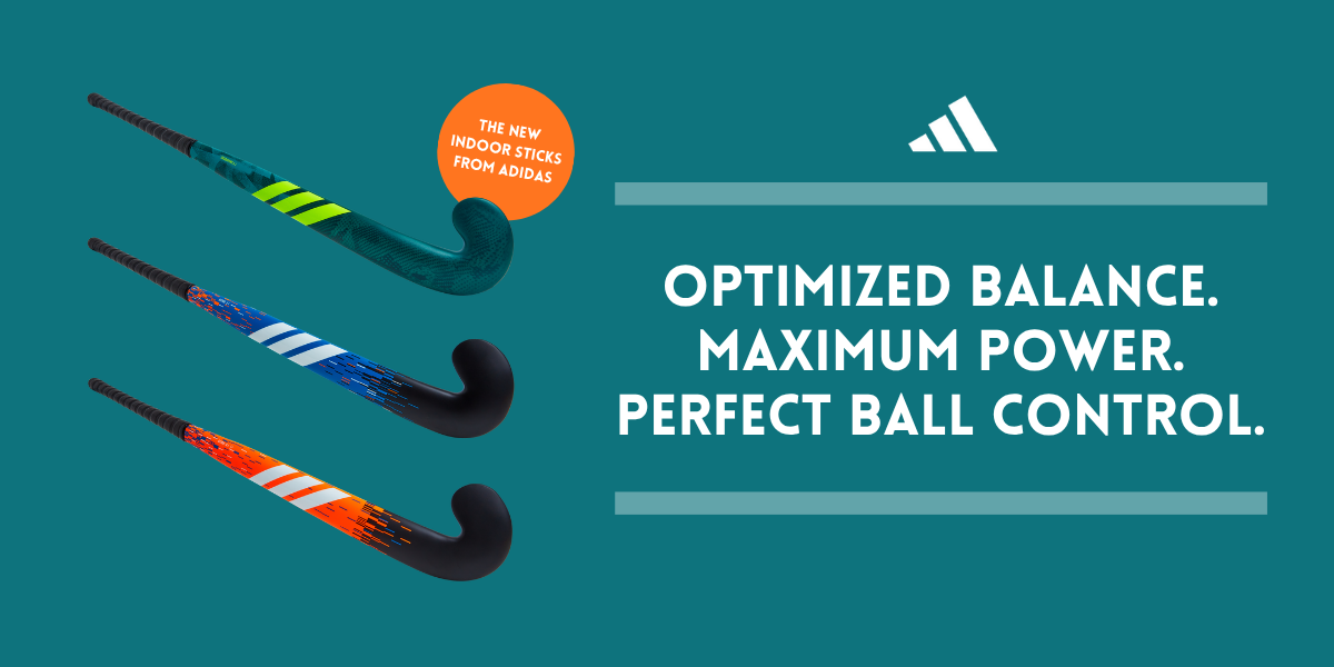 Graphic featuring the new adidas Indoor sticks on a colored background – headline with the adidas logo: Optimized balance. Maximum power. Perfect ball CONTROL.