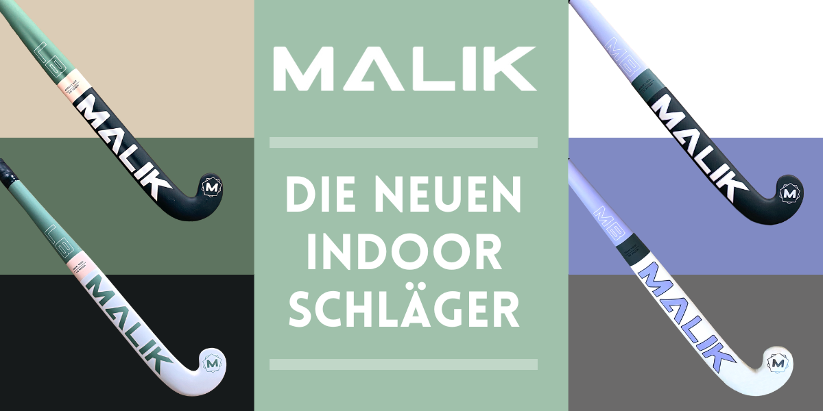 Grafische Abbildung mit den neuen MALIK Indoor Sticks, mittig eine Headline mit MALIK Logo - Die neuen Indoor Schläger